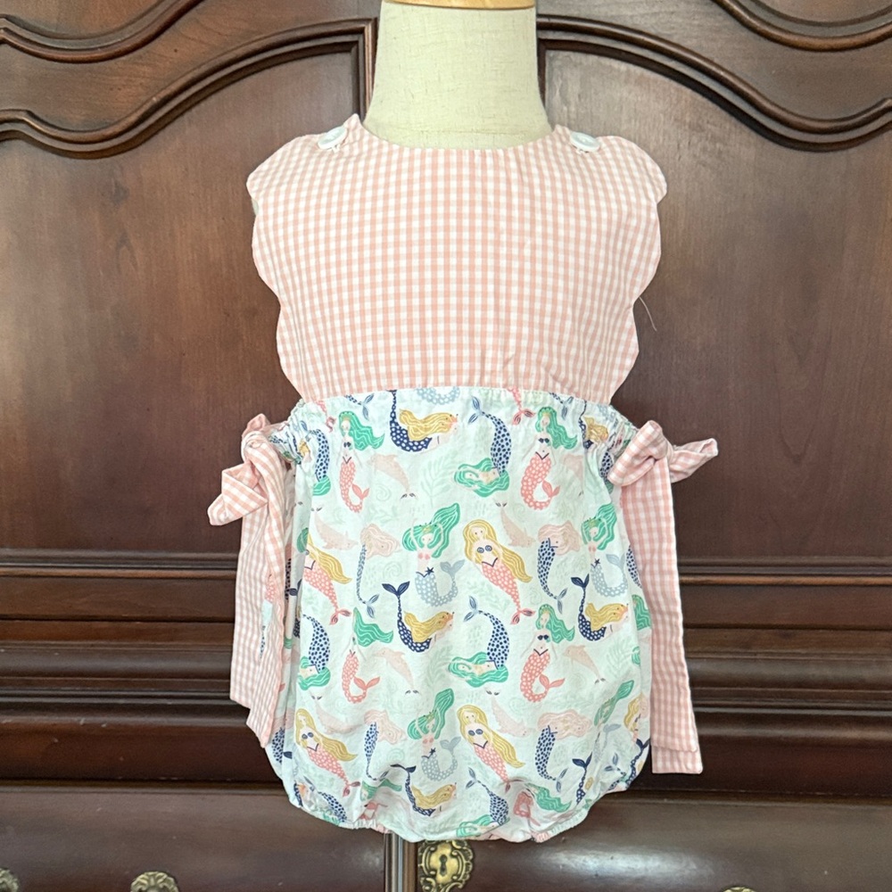 Pink Gingham & Mermaid Print Baby Romper